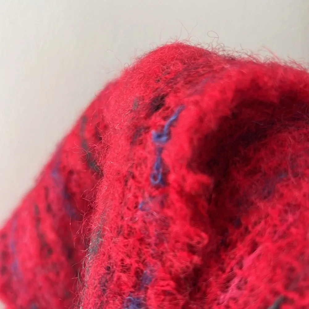 Colorful Red and Blue Woven Scarf Raw Hem Mohair